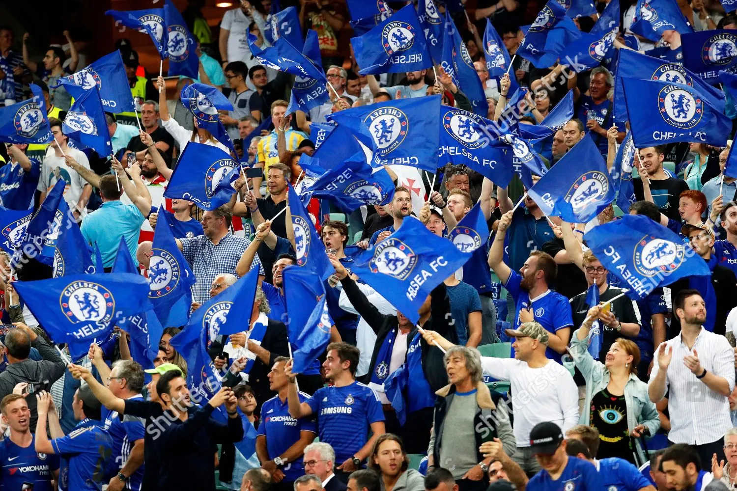 Mandatory Credit: Photo by MAXIM SHIPENKOV/EPA-EFE/Shutterstock (10255933ae) Chelsea fans cheer prior to the UEFA Europa League final between Chelsea FC and Arsenal FC at the Olympic Stadium in Baku, Azerbaijan, 29 May 2019. UEL Final 2019 – Chelsea FC vs Arsenal FC, Baku, Azerbaijan – 29 May 2019