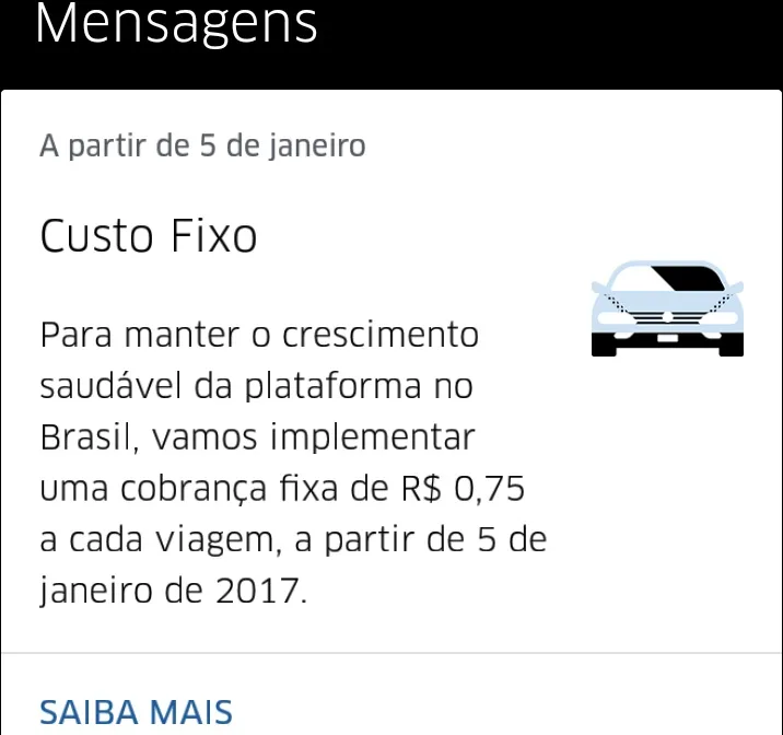 Uber implanta taxa fixa de R$ 0,75, mas valor ainda não é cobrado no ES