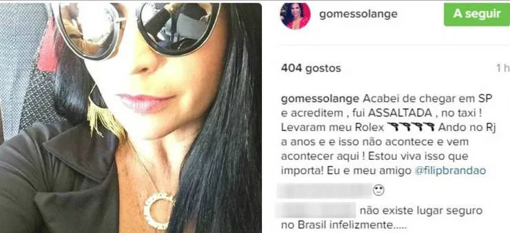 Solange Gomes é assaltada dentro de táxi e desabafa no Instagram