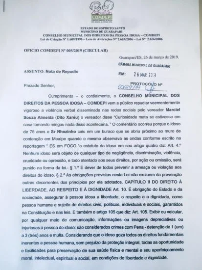 Comentário de vereador de Guarapari gera nota de repúdio do Conselho do Idoso