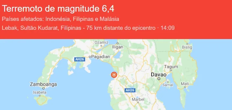 Terremoto de magnitude 6,4 atinge sudoeste das Filipinas