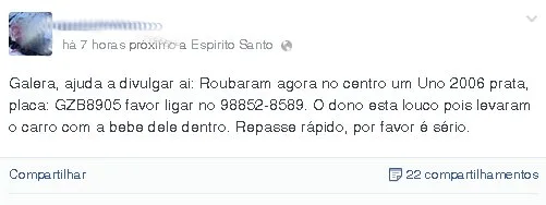 Trote mobiliza capixabas em busca de carro furtado com bebê