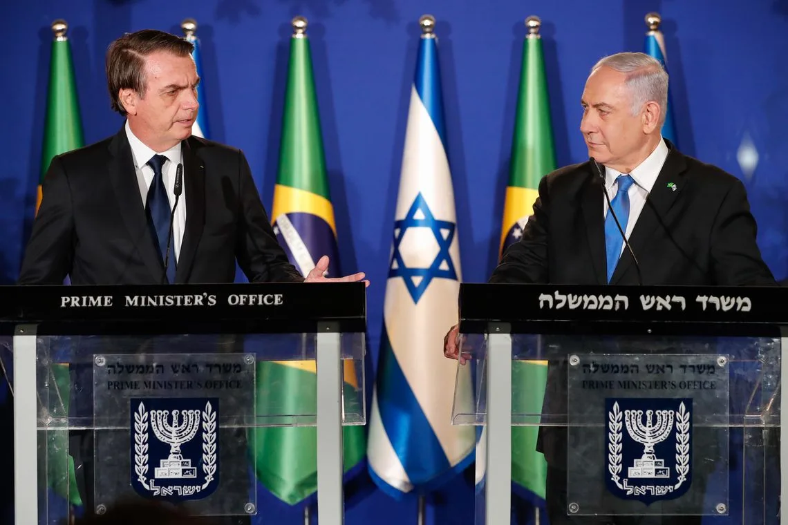 O presidente da República, Jair Bolsonaro, e o primeiro-ministro de Israel, Benjamin Netanyahu, durante declaração conjunta em Jerusalém.