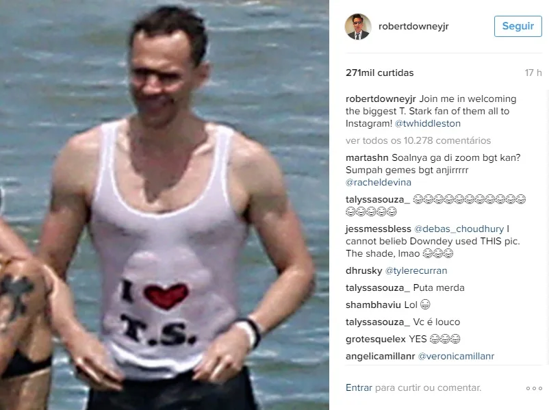 Robert Downey Jr. tira sarro da camiseta de Tom Hiddleston em homenagem à Taylor Swift