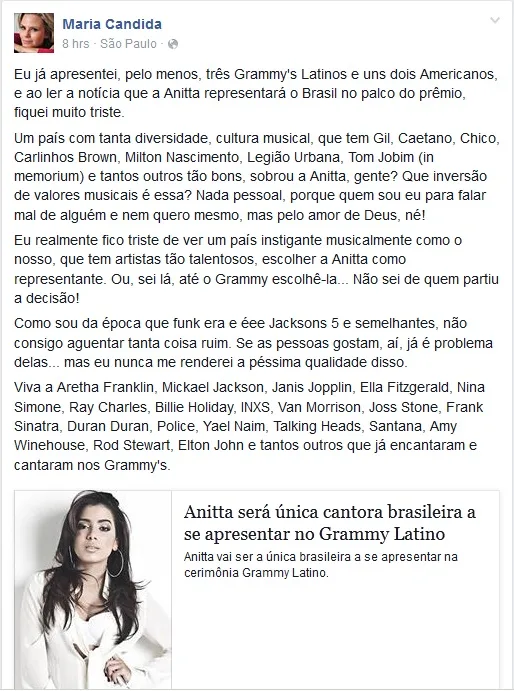 Apresentadora Maria Cândida lamenta escolha de Anitta para o Grammy: “Muito triste”