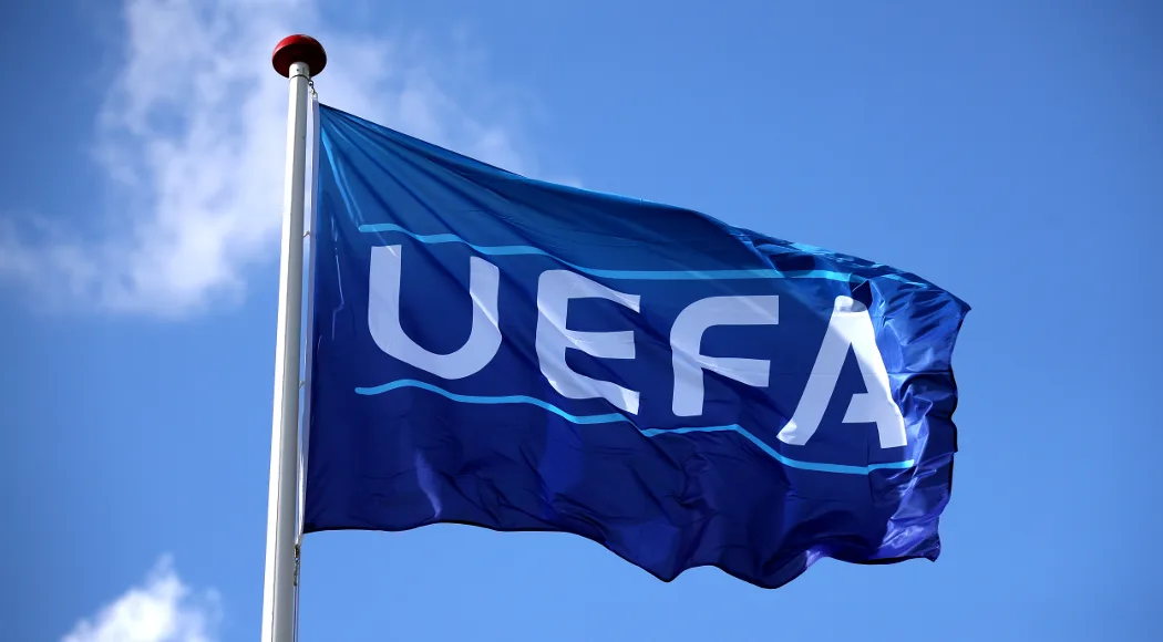 A UEFA flag flies during the Nations League, League B Group four match at Ceres Park, Aarhus