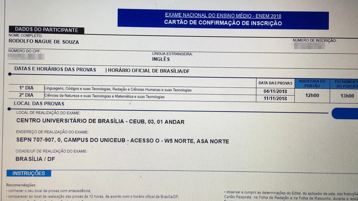 Enem: prova de estudante do ES é marcada para escola de Brasília