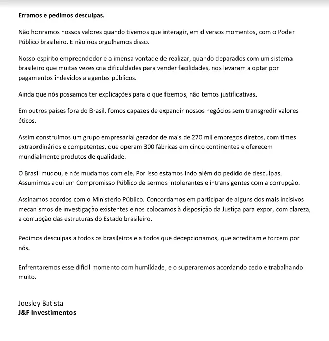 Joesley pede desculpas e diz que "não se orgulha do que fez"