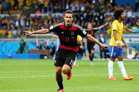 BELO HORIZONTE, BRAZIL – JULY 08: Miroslav Klose of Germany celebrates scoring his team’s second goal during the 2014 FIFA World Cup Brazil Semi Final match between Brazil and Germany at Estadio Mineirao on July 8, 2014 in Belo Horizonte, Brazil. (Photo by Robert Cianflone/Getty Images)