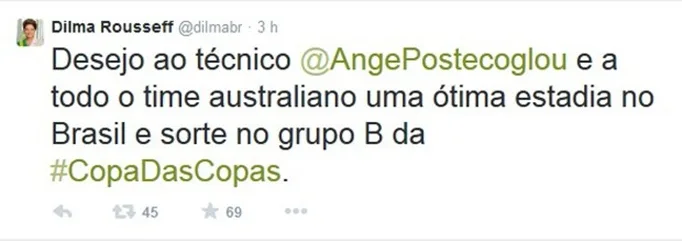 Dilma apaga mensagem no Twitter para técnico da Austrália, que está no ES