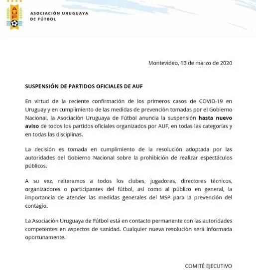 Uruguai anuncia suspensão de todos as partidas de futebol por tempo indeterminado