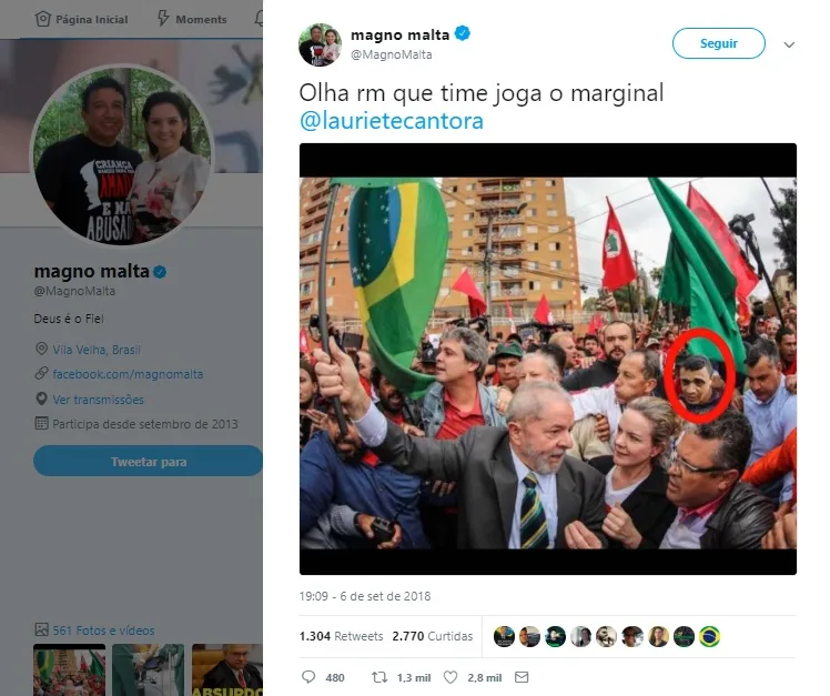 Magno Malta publica foto fake que associa agressor de Bolsonaro a Lula e ao PT