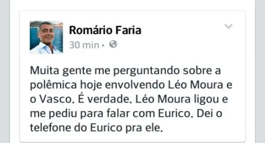 Romário confirma versão do Vasco: 'O Leo Moura me pediu o telefone do Eurico'