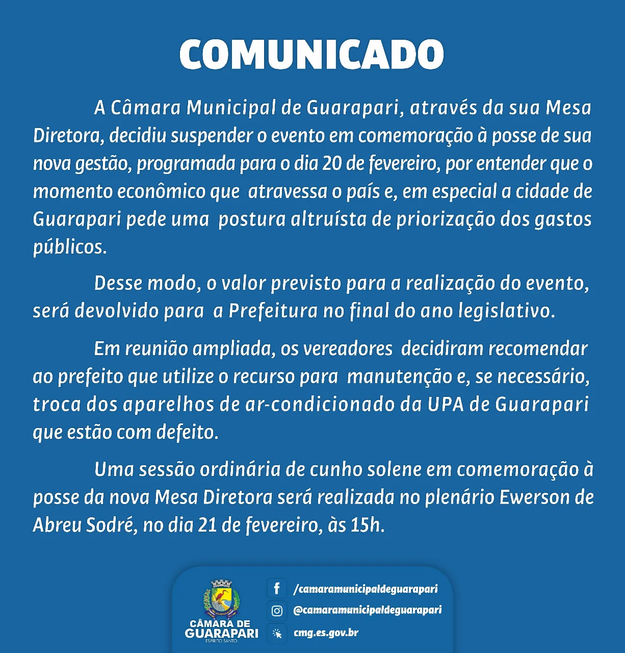 Evento de posse da Câmara de Guarapari é suspenso e dinheiro economizado será repassado para a prefeitura municipal