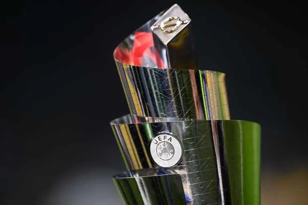 The UEFA Nations League trophy is pictured prior to the UEFA Nations League group 3 football match Italy vs Portugal at the San Siro Stadium in Milan on November 17, 2018. (Photo by Marco BERTORELLO / AFP) (Photo credit should read MARCO BERTORELLO/AFP/Getty Images)