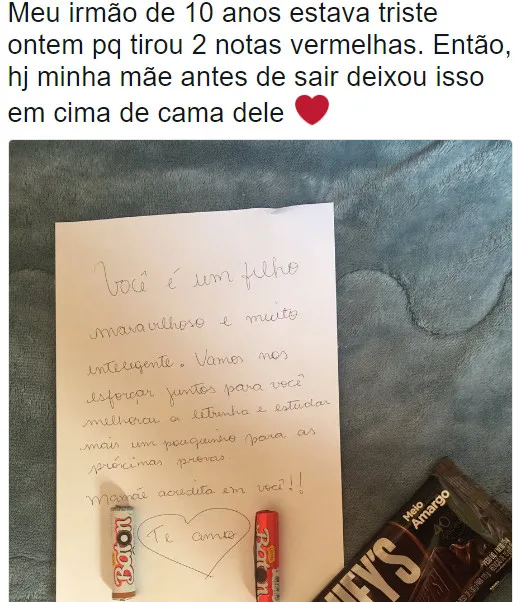 Bilhete fofo de mãe para filho que tirou nota baixa viraliza nas redes sociais