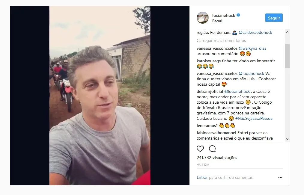 Luciano Huck leva bronca do Detran-RJ ao gravar vídeo em moto sem capacete