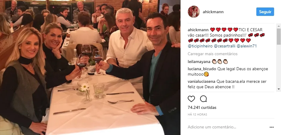 Ana Hickmann anuncia que vai ser madrinha de casamento de Ticiane Pinheiro e César Tralli