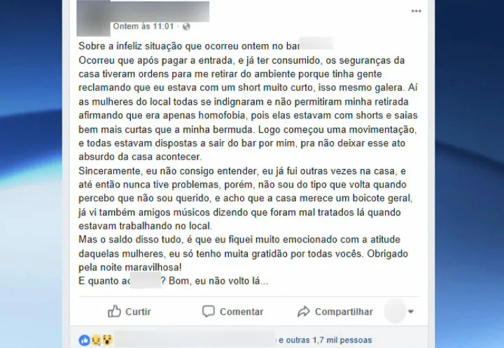 Rapaz quase é expulso de bar em Vitória por usar short curto