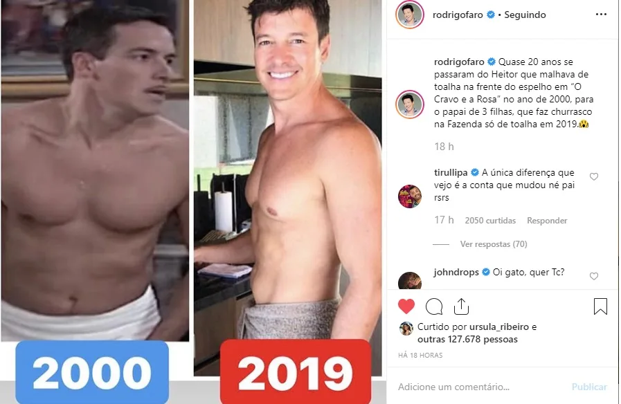 Rodrigo Faro surpreende ao fazer comparação de seu corpo atual com o de quase 20 anos atrás