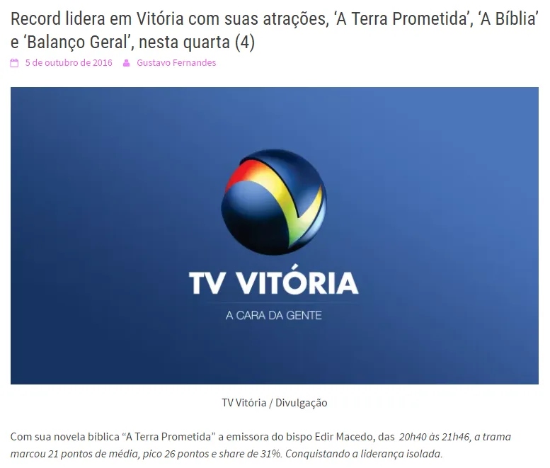 Crescimento de audiência da TV Vitória é destaque na imprensa brasileira