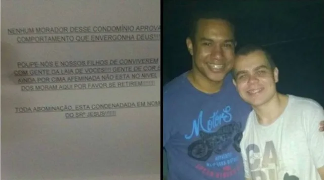 Casal gay recebe recado homofóbico e racista em condomínio