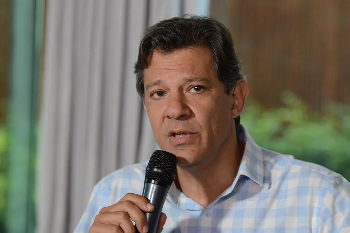 O candidato a presidência da República, Fernando Haddad fala com a imprensa após reunião com a chefe da missão de observação eleitoral da OEA, Laura Chinchilla, no hotel Matsubara.