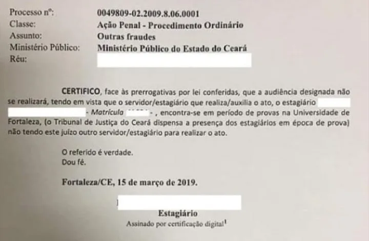 Estagiário de tribunal no Ceará suspende audiência por estar em semana de provas