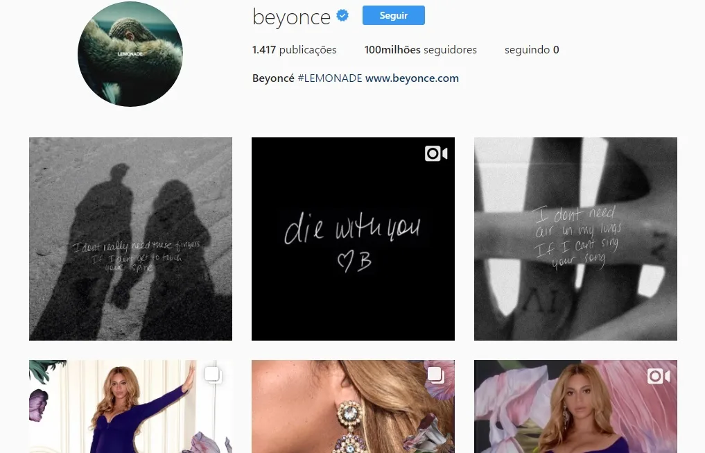 Beyoncé atinge marca dos 100 milhões de seguidores no Instagram