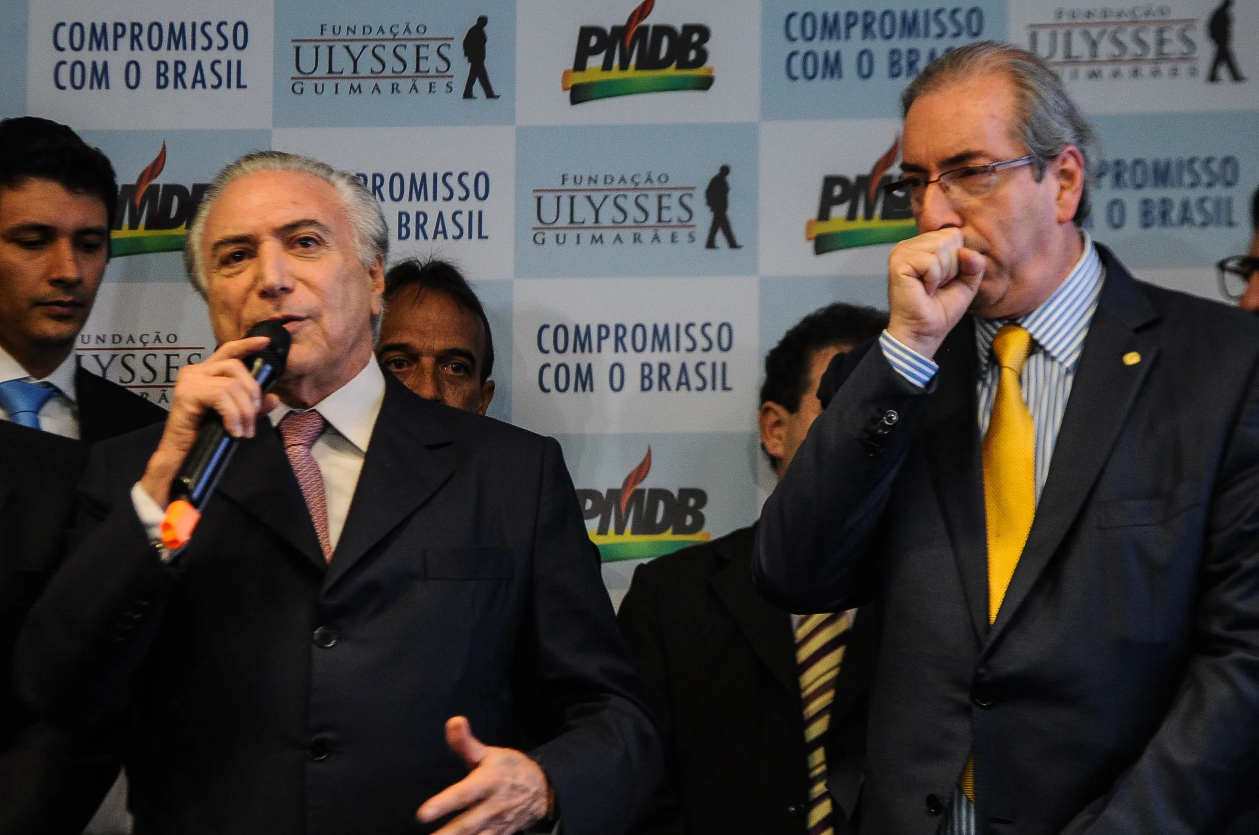 O Vice Presidente Michel Temer, os presidentes do senado Renan Calheiros e da Câmara, Eduardo Cunha, durante apresentação das Mídias Digitais do PMDB na Fundação Ulisses Guimarães (Antonio Cruz/Agência Brasil)