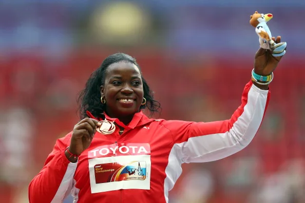 MOSCOW, RUSSIA – AUGUST 12: Bronze medalist Yarelys Barrios of Cuba on the podium during the medal ceremony for the Women’s Discus Throwduring Day Three of the 14th IAAF World Athletics Championships Moscow 2013 at Luzhniki Stadium on August 12, 2013 in Moscow, Russia. (Photo by Paul Gilham/Getty Images)