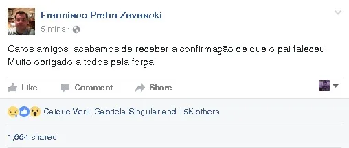 Filho de Teori confirma morte de Ministro e lamenta nas redes sociais