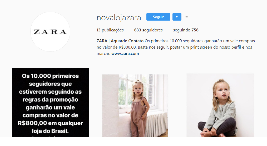 Promoção no Instagram oferece vale-compras de R$ 800 para lojas da Zara. Saiba se é verdade!