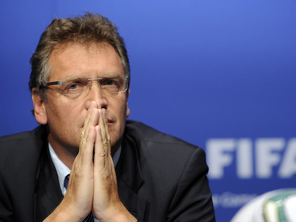 FIFA General Secretary Jerome Valcke looks on during a press conference following hearings over bribery allegations at the football’s world governing body FIFA Headquarters on May 29, 2011 in Zurich. FIFA suspends Mohamed bin Hammam and Jack Warner and decided to go ahead with the upcoming presidential election. AFP PHOTO / FABRICE COFFRINI