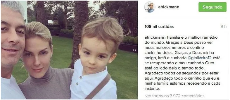 Após atentado, Ana Hickmann diz que família é o "melhor remédio do mundo"