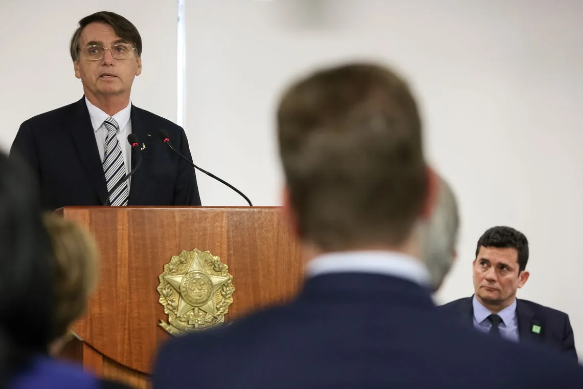 O presidente Jair Bolsonaro discursa na solenidade de encaminhamento do Projeto de Lei Anticrime ao Congresso Nacional, no Palácio do Planalto.