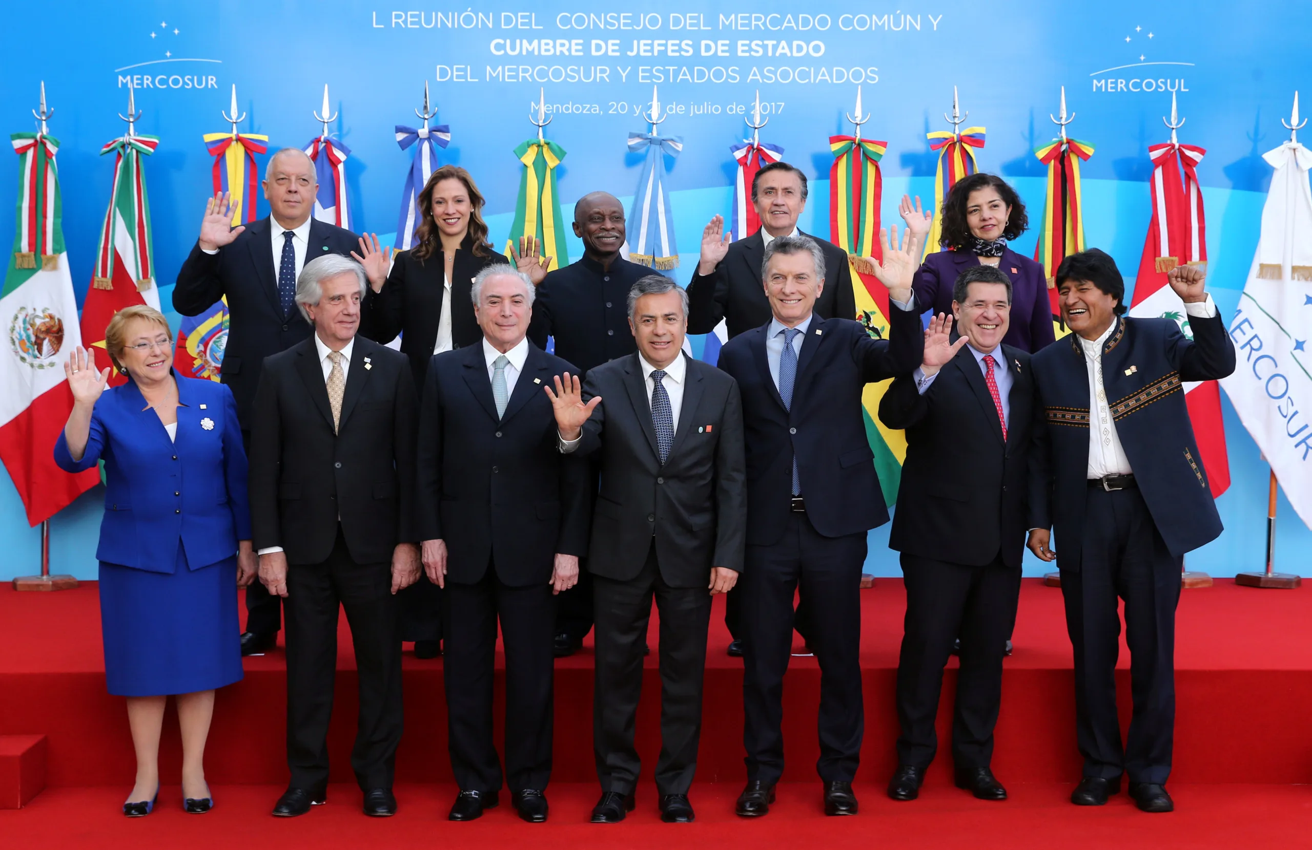 Chile’s President Michelle Bachelet, Uruguay’s President Tabare Vazquez, Brazil’s President Michel Temer, Mendoza’s Governor Alfredo Cornejo, Argentina’s President Mauricio Macri, Paraguay’s President Horacio Cartes and Bolivia’s President Evo Morales (front row, L-R) alongside Peru’s Ambassador to the Asia-Pacific Economic Cooperation (APEC) Luis Quesada, Colombia’s Commerce, Industry and Tourism Minister Maria Claudia Lacouture, Guyana’s Foreign Minister […]