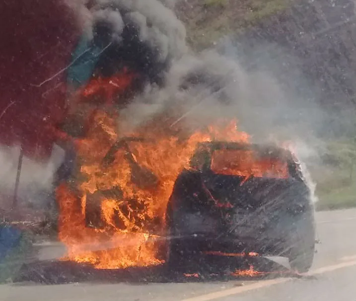 Carro pega fogo após bater em poste na BR 262 em Viana