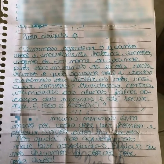 Estudantes da Serra fazem carta denunciando professor por assédio e mensagem viraliza