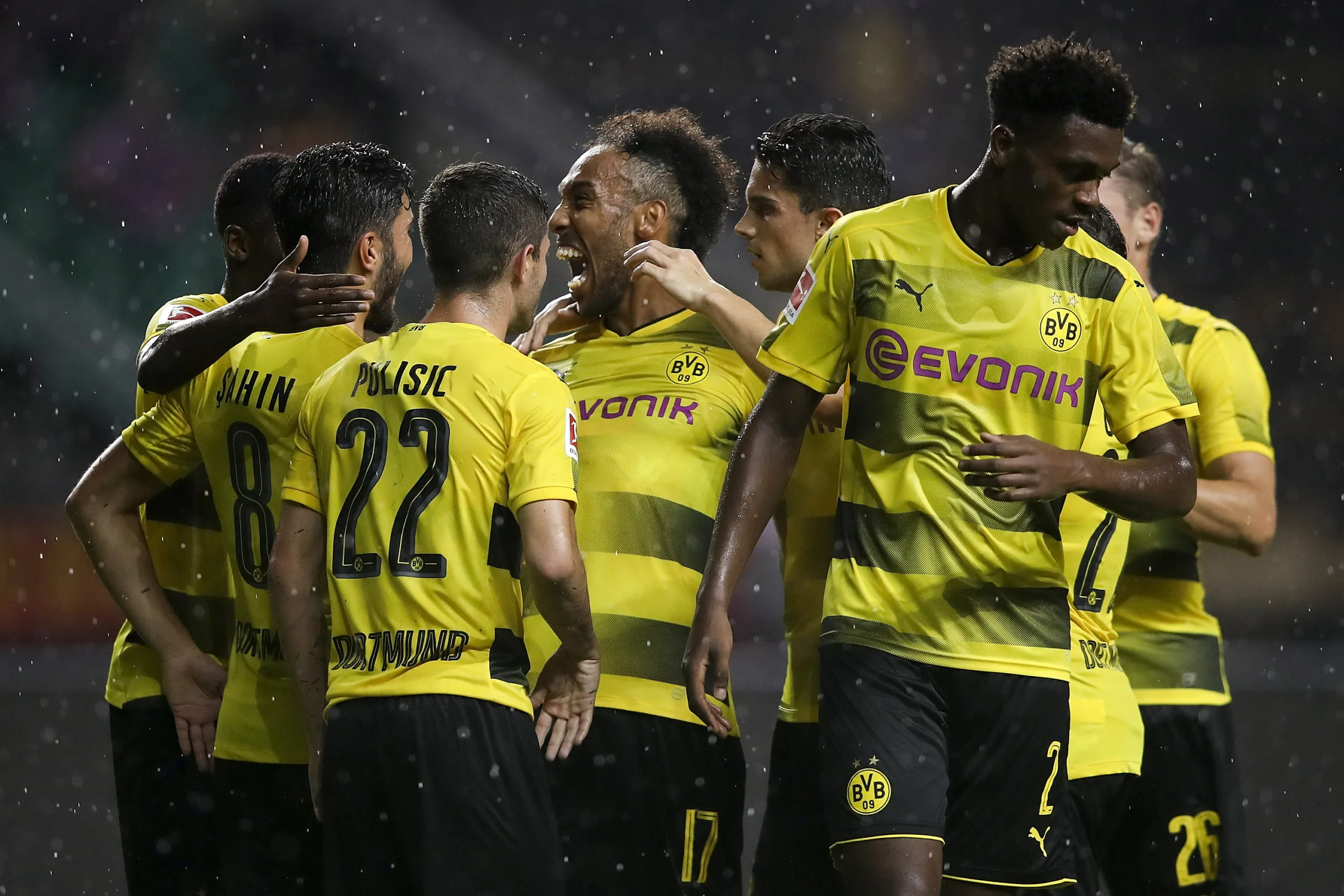 GUANGZHOU, CHINA – JULY 18: Pierre-Emerick Aubameyang of Borussia Dortmund celebrates a goal with Christian Pulisic and Nuri Sahin during the 2017 International Champions Cup football match between AC milan and Borussia Dortmund at University Town Sports Centre Stadium on July 18, 2017 in Guangzhou, China. (Photo by Lintao Zhang/Getty Images)