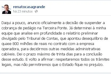 Após auditoria, governador anuncia que vai suspender o pedágio na Terceira Ponte