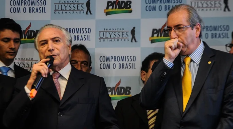 O Vice Presidente Michel Temer, os presidentes do senado Renan Calheiros e da Câmara, Eduardo Cunha, durante apresentação das Mídias Digitais do PMDB na Fundação Ulisses Guimarães (Antonio Cruz/Agência Brasil)