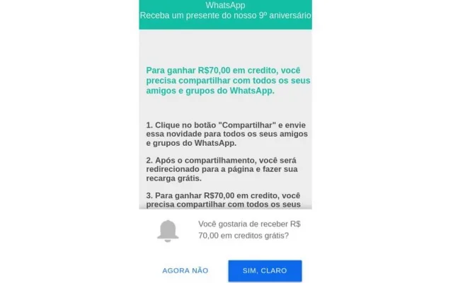 Golpe no WhatsApp oferece promoção por suposto aniversário do app