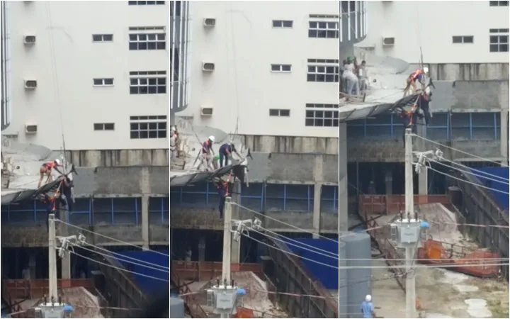 Operários ficam pendurados por corda em construção na Praia da Costa. Assista ao vídeo!