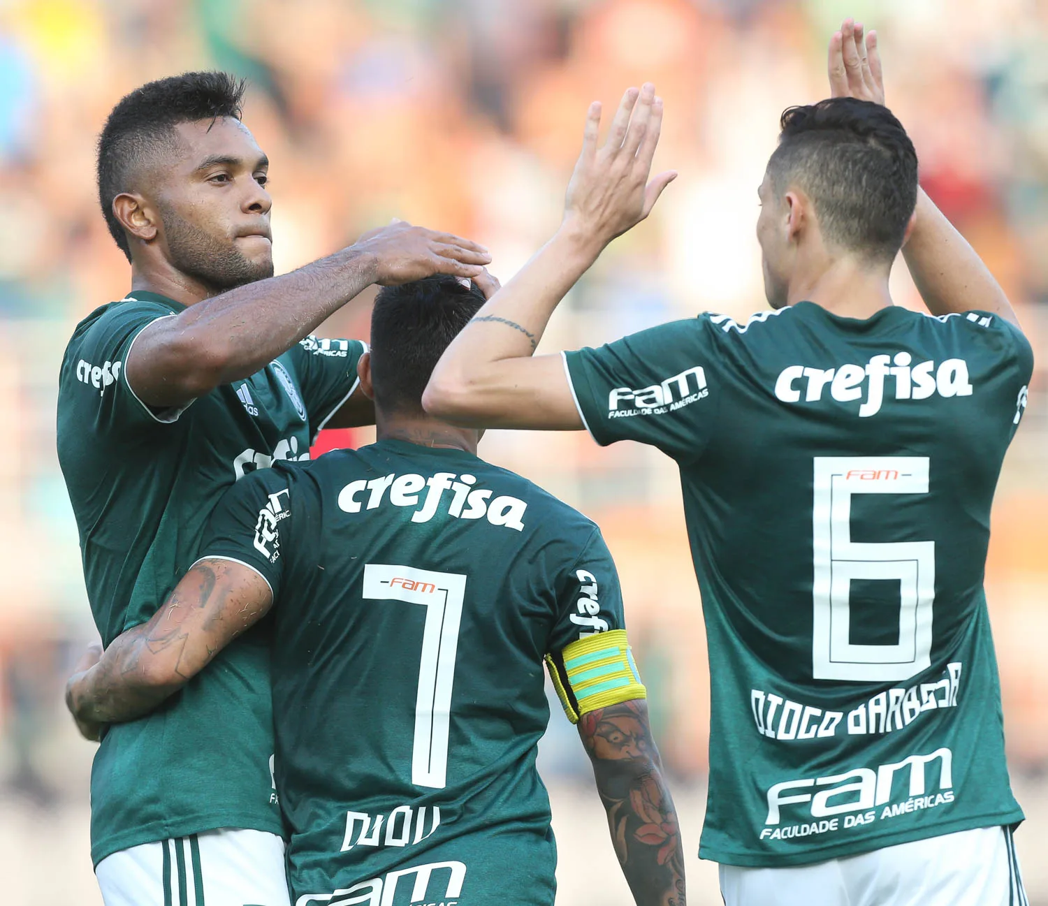 O jogador Dudu, da SE Palmeiras, comemora seu gol contra a equipe do SC Internacional, durante partida válida pela segunda rodada, do Campeonato Brasileiro, Série A, no Estádio Paulo Machado de Carvalho (Pacaembu).