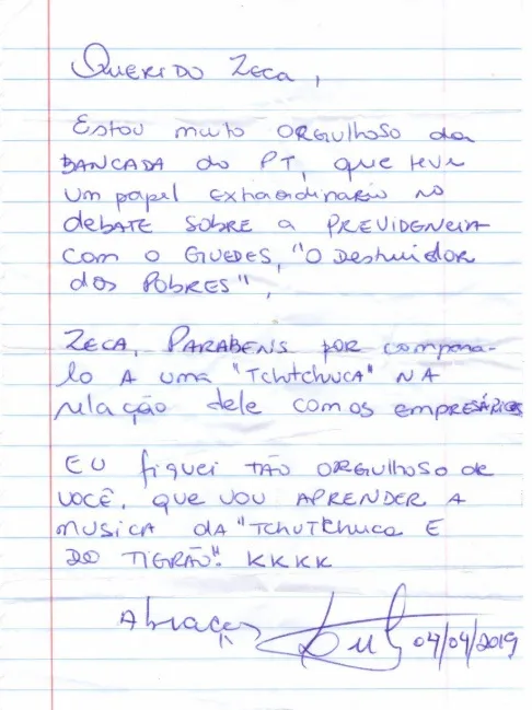 Em bilhete, Lula se diz orgulhoso de Zeca Dirceu por Guedes 'tchutchuca'