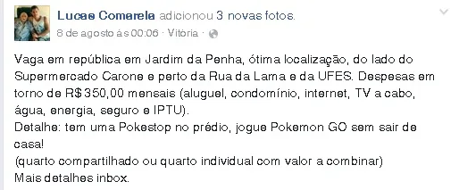 Anúncio de vaga em república de Vitória com "Pokestop" viraliza na internet