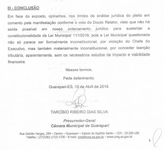 Câmara de Guarapari apresenta manifestação ao TJES sobre Lei de Eventos