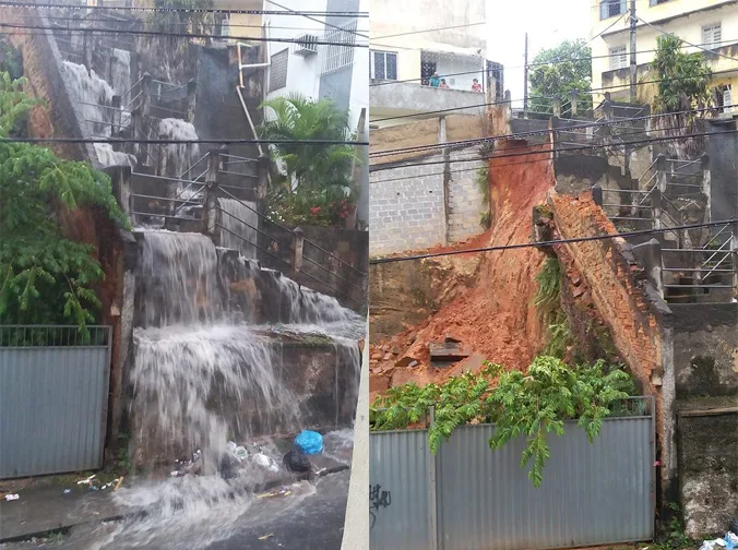 Escadaria desaba por causa da chuva e rua é interditada em Cachoeiro