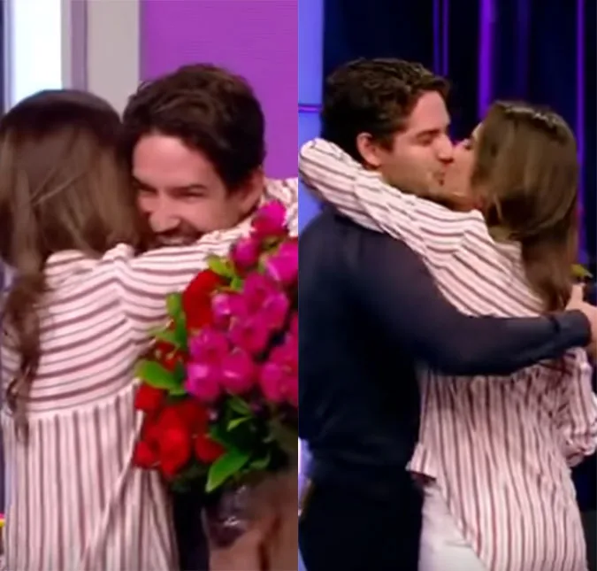 Alexandre Pato surpreende Rebeca Abravanel com flores durante programa